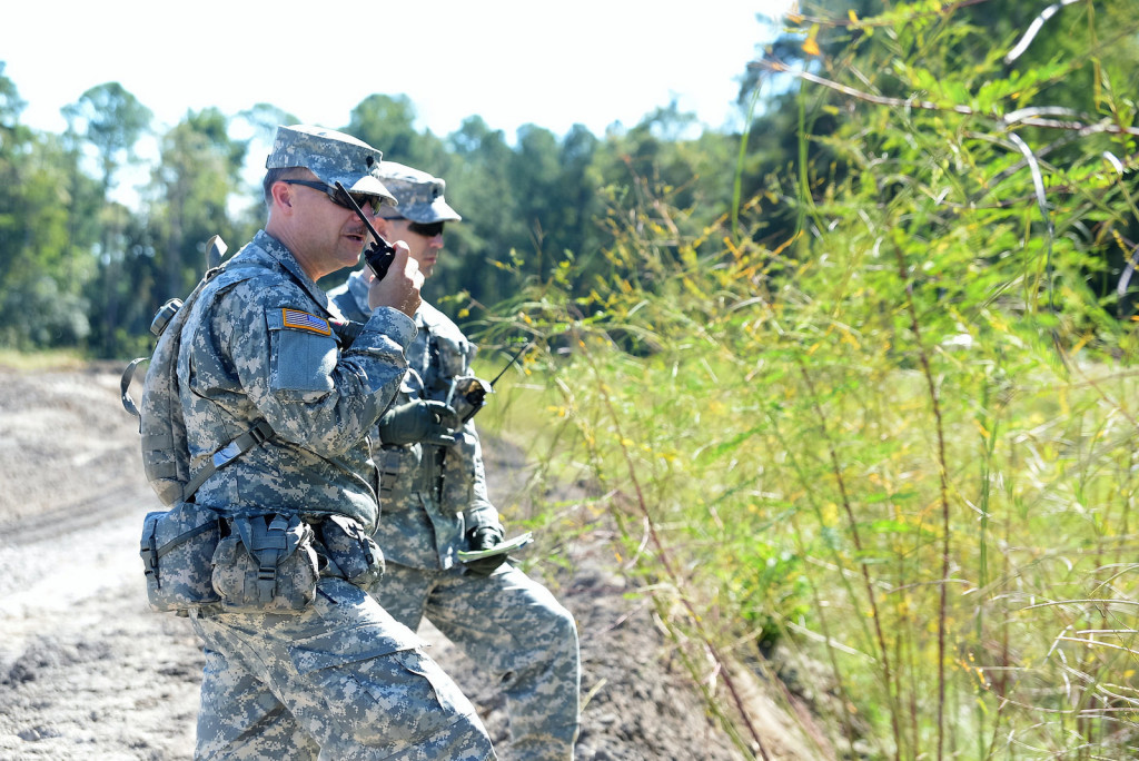 Georgia State Defense Force Soldiers call-in a situation report to the tactical operations center while conducting a search and rescue simulation during Annual Training on October 1, 2016 at Fort Stewart, Georgia. (Georgia State Defense Force photo by 2nd Lt. Chapman)