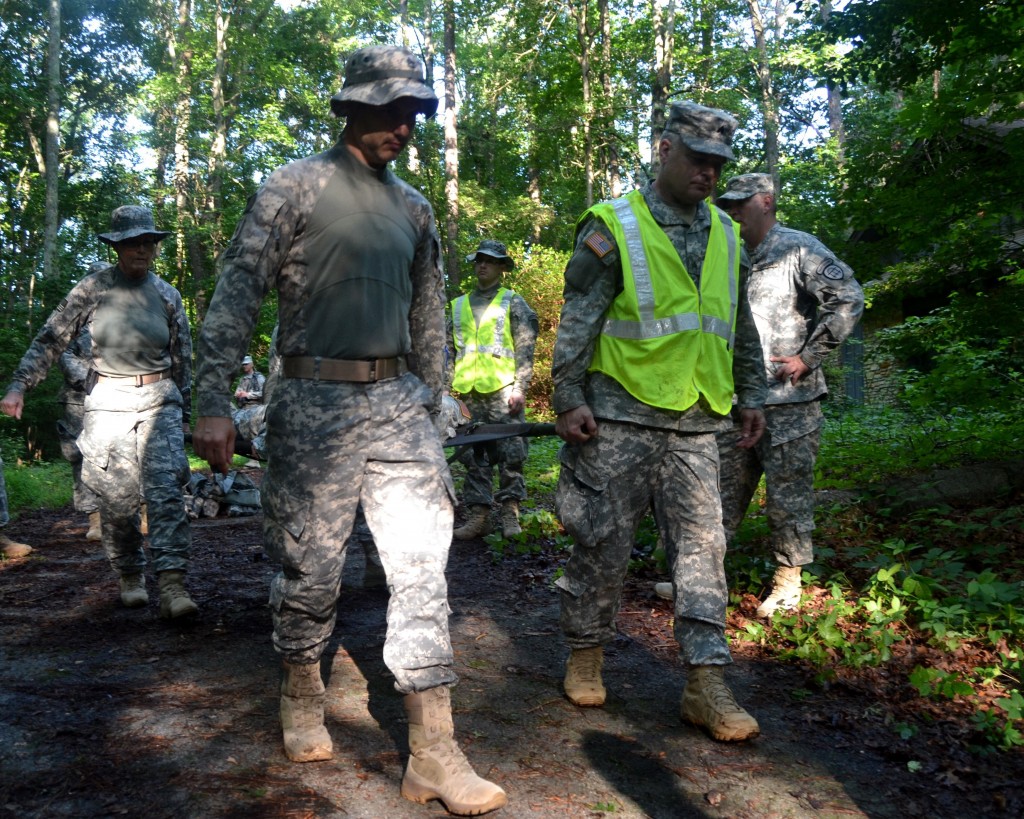 CLARK CREEK SOUTH CAMPGROUND, Acworth, June 6, 2015 – Soldiers of 2nd and 3rd Battalion, 1st Brigade, Georgia State Defense Force (GSDF) safely move a simulated casualty to a location where emergency services can reach him and evacuate him during Defender Northwest Georgia Field Training Exercise (FTX) 2015. The FTX tests the capabilities of the Soldiers and staff of the GSDF in their ability to respond to a disaster. (Georgia State Defense Force photo by Master Sgt. Mark D. Woelzlein, Public Affairs Office)