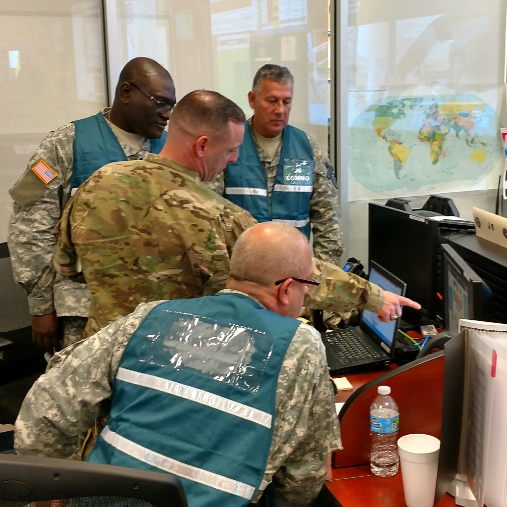 Members of the Georgia State Defense Force and the Georgia Army National Guard work together in the Joint Operations Center in Marietta, Georgia during the response to Hurricane Matthew on October 8, 2016. (Georgia State Defense Force photo by Pfc. Alsdorf)
