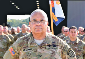 Col. Eddie Williams (right) stands with the Georgia State Defense Force (GSDF) 76th Support Brigade in a formation during GSDF annual training, Air Dominance Center, Savannah, Ga., October 7, 2018. Georgia State Defense Force photo by Warrant Officer Alexander Davidson